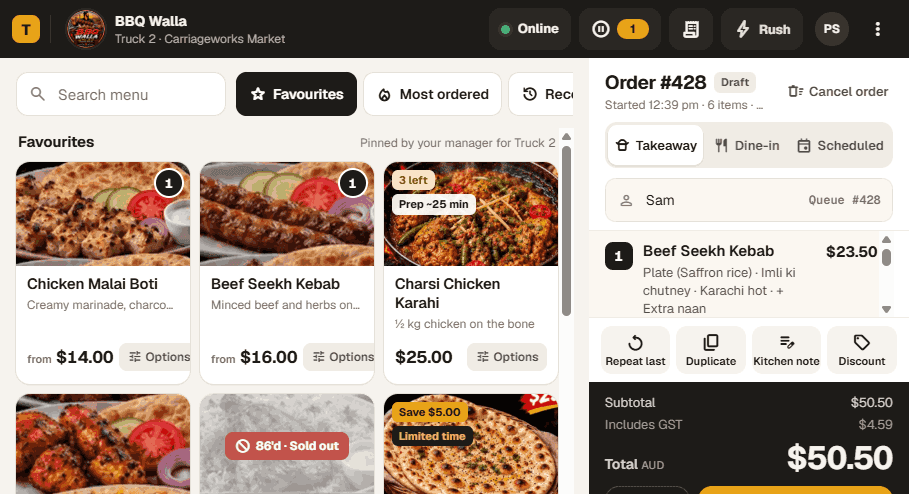 TruckOS counter POS taking a Beef Seekh Kebab order